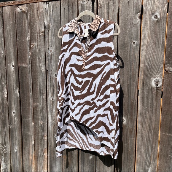 Chico’s brown sleeveless asymmetrical animal print linen tunic medium - Picture 6 of 16
